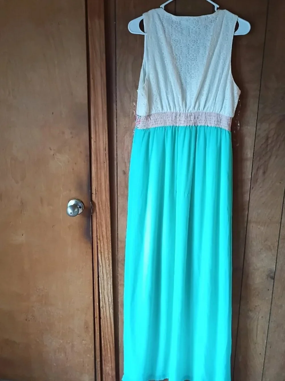 Flying Tomato White & Aqua Maxi Dress with Embroidered Waist